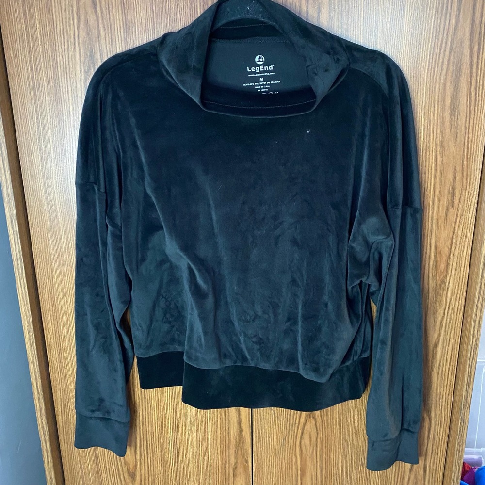 LegEnd Velour Pullover Sweatshirt Womens Medium Black Mock Neck‎ Cropped Relaxed